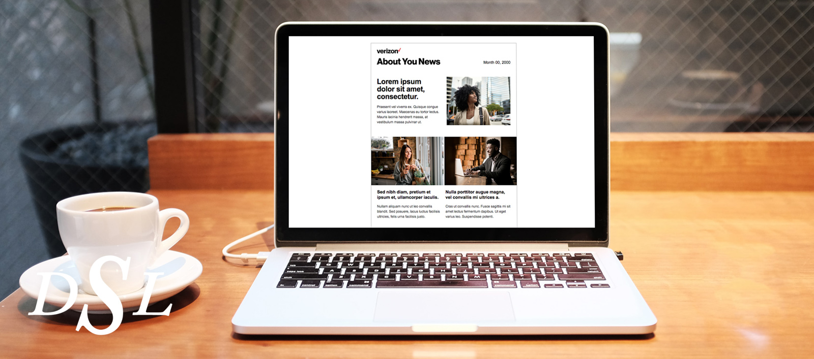 A laptop on a table next to a coffee cup displaying the About You News publication.